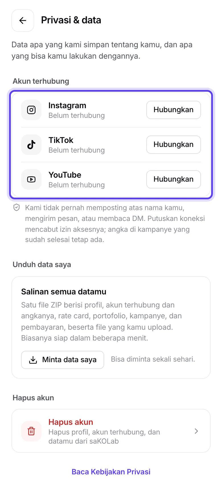Halaman Privasi dan data dengan tombol Hubungkan di tiga platform