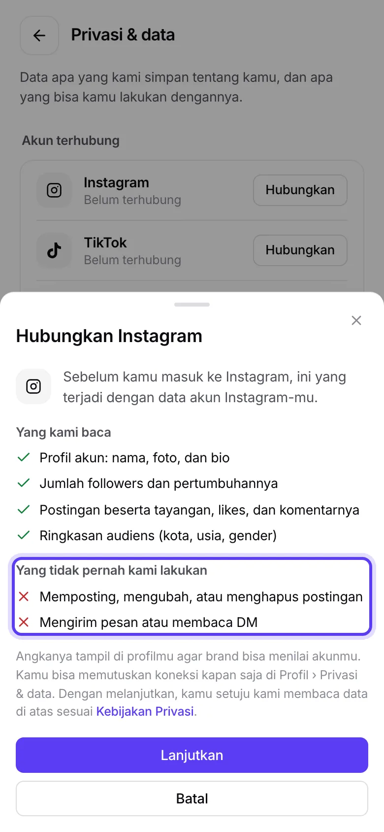 Lembar persetujuan Hubungkan Instagram