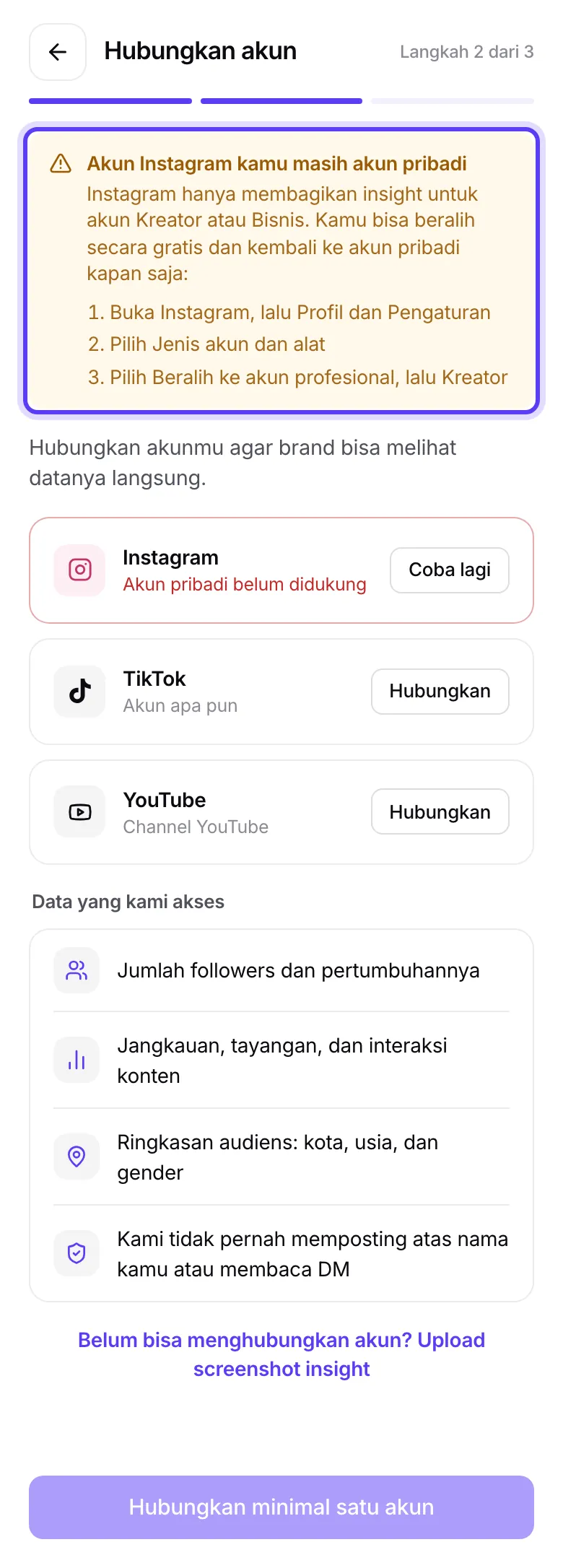 Pesan akun pribadi dengan tiga langkah beralih ke akun profesional