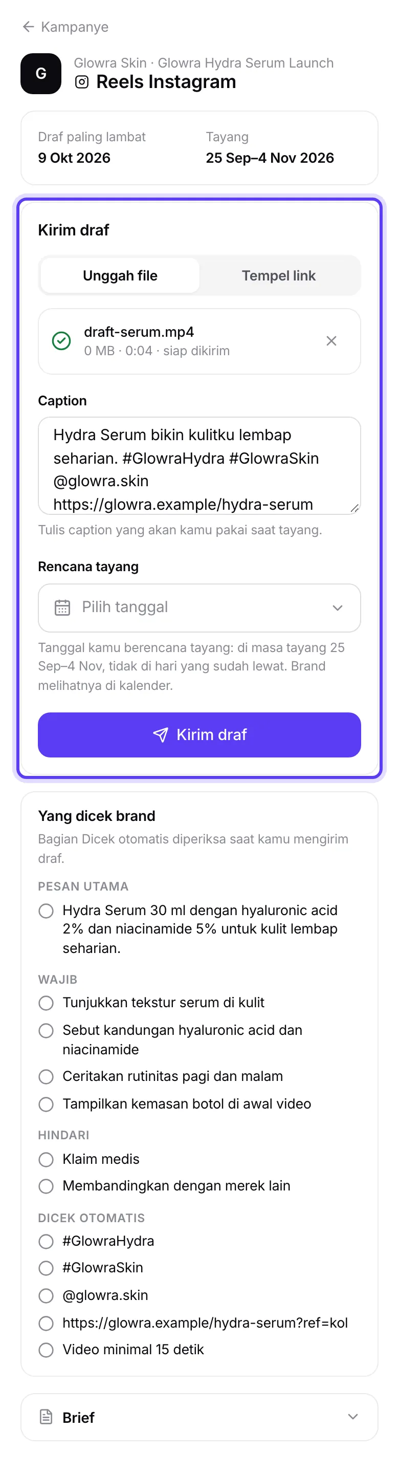 Form Kirim draf dengan file video terpilih