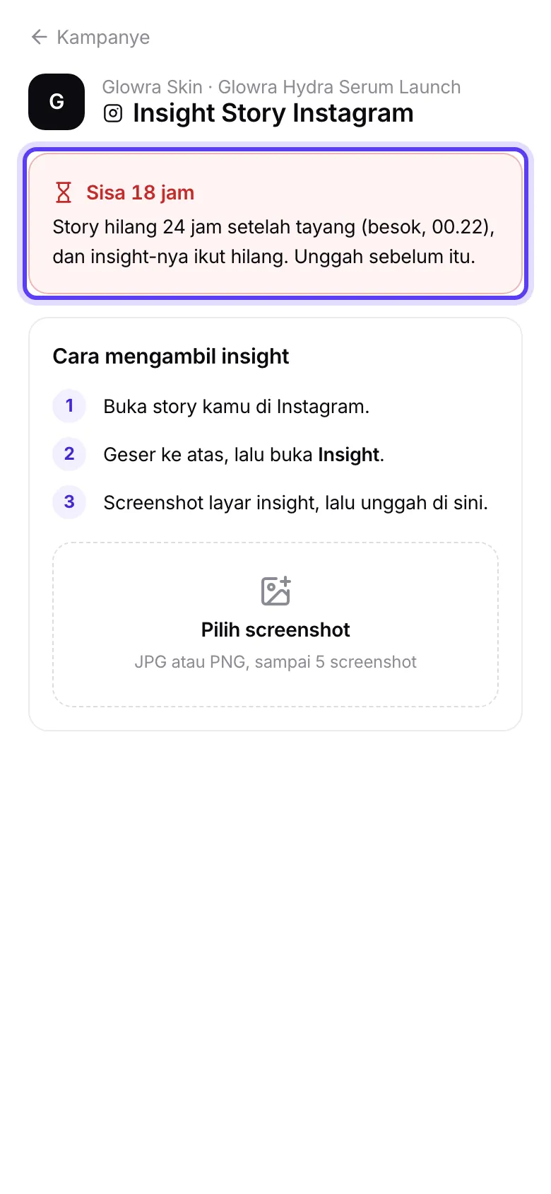 Halaman Insight Story dengan hitung mundur
