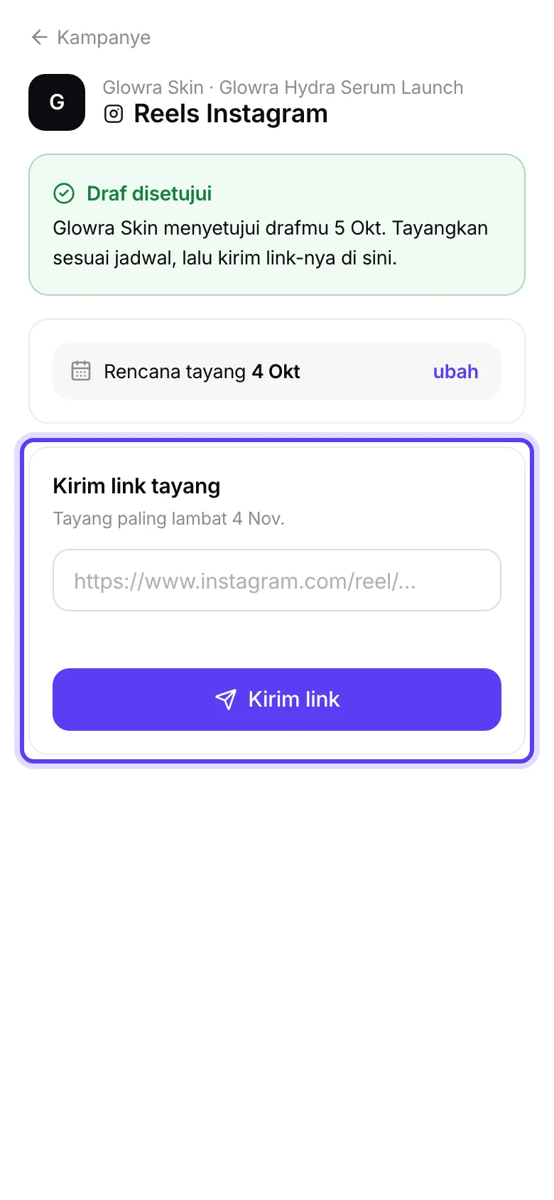 Form Kirim link tayang dengan petunjuk platform