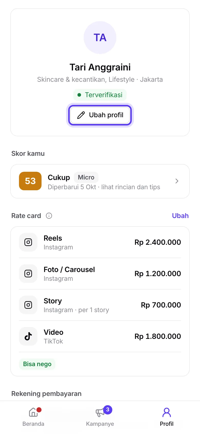 Halaman Profil dengan tombol Ubah profil