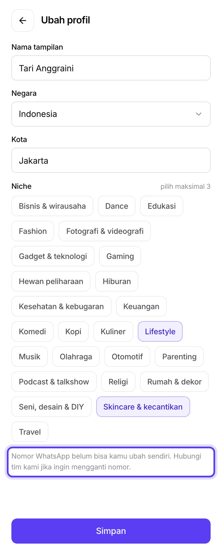 Layar Ubah profil dengan catatan nomor WhatsApp