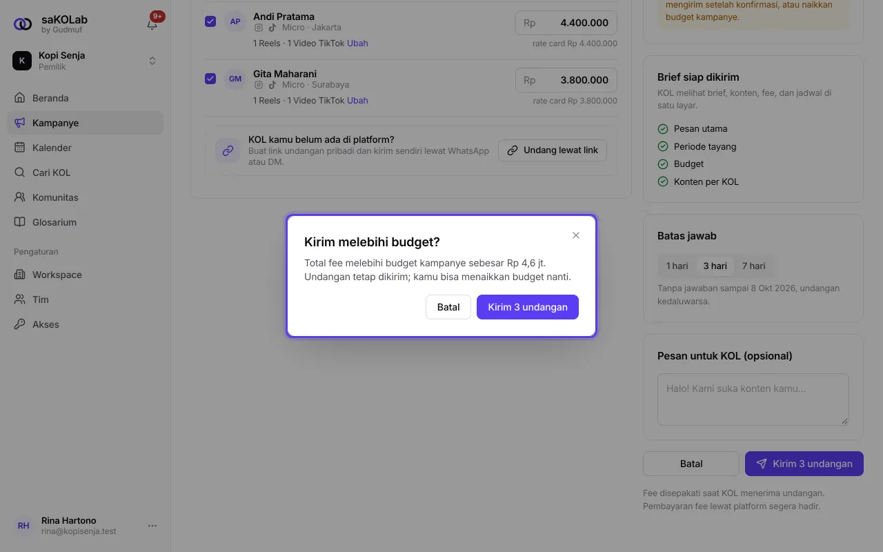 Ringkasan dengan peringatan melebihi budget dan dialog konfirmasi