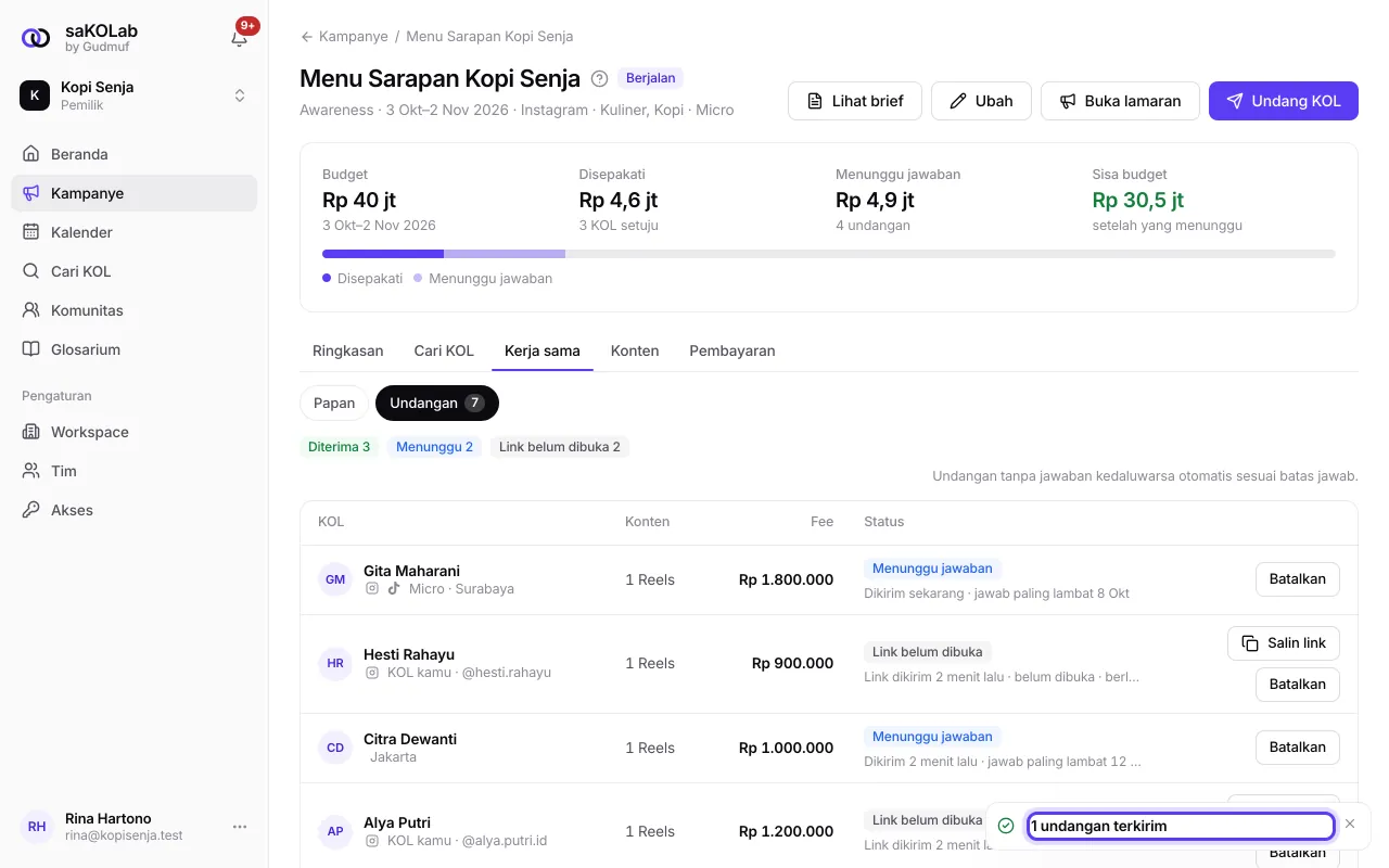 Pesan undangan terkirim dan tab Undangan