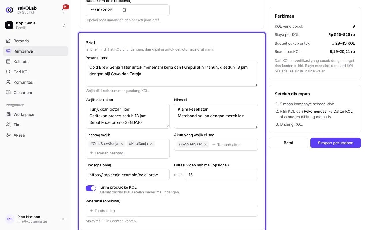 Bagian Brief pada form kampanye, sudah terisi