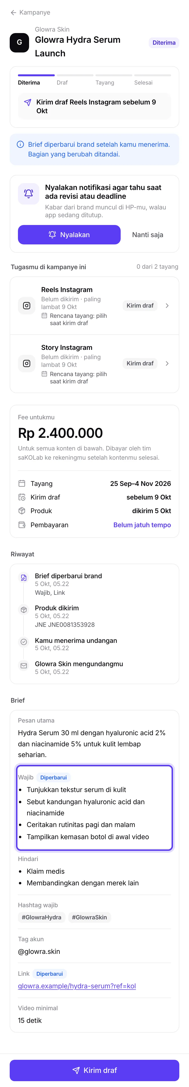 Brief di undangan KOL dengan penanda Diperbarui