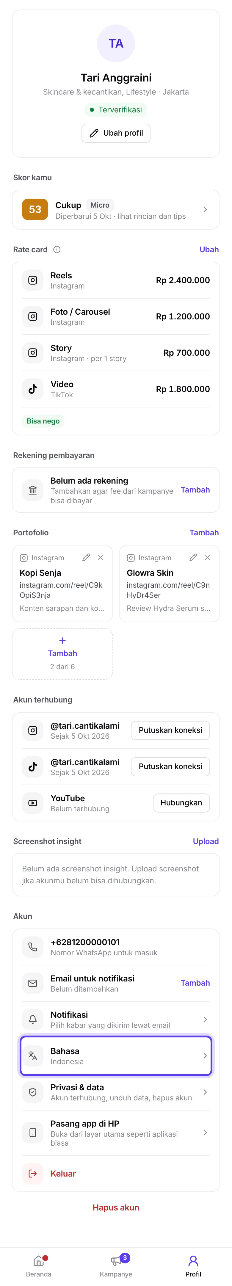Profil, bagian Akun dengan nomor, bahasa, dan keluar