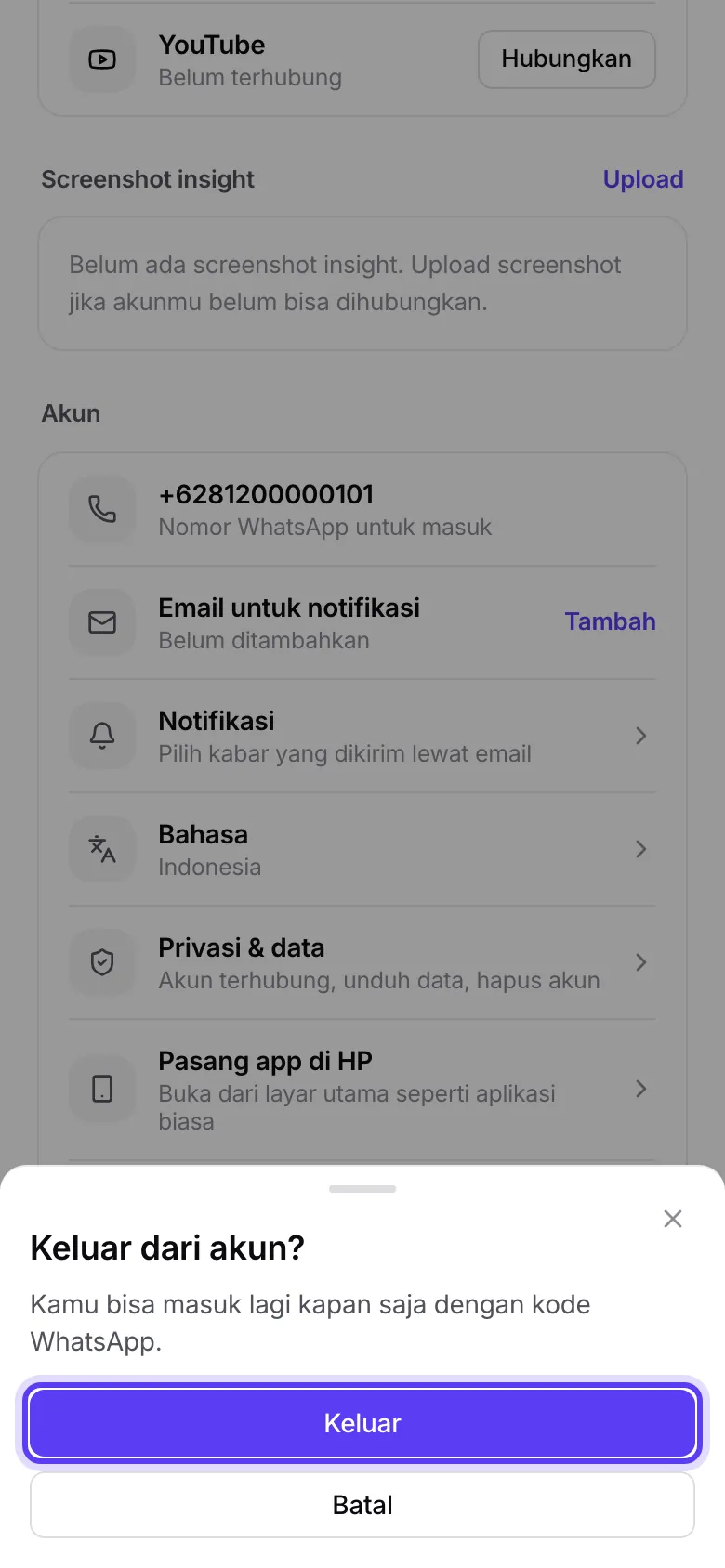 Dialog Keluar dari akun?
