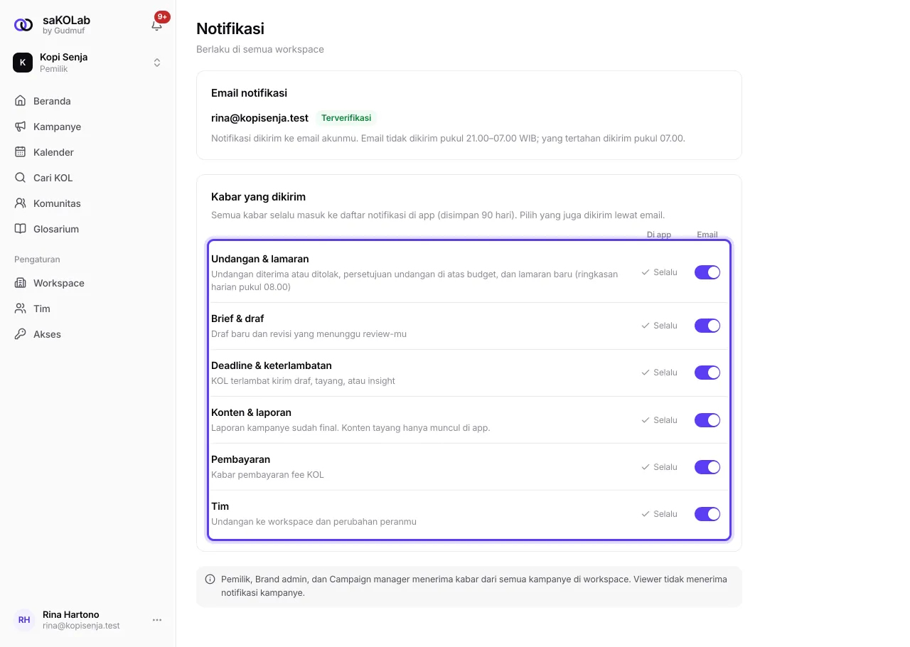 Halaman Pengaturan notifikasi dengan saklar per kategori