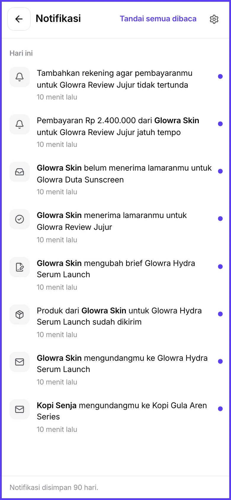 Bel notifikasi terbuka dengan beberapa kabar