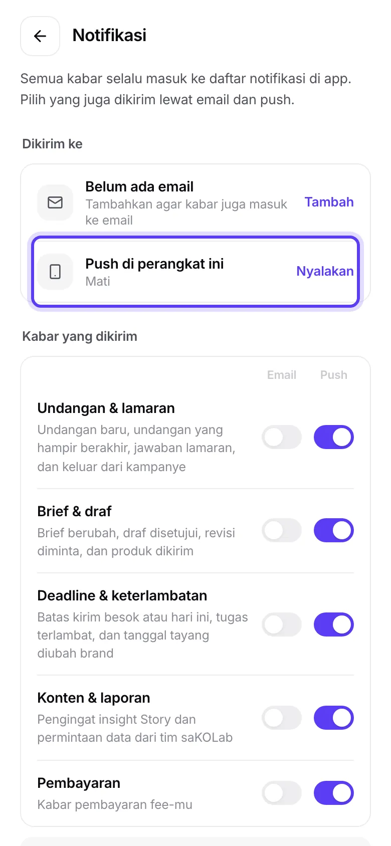 Baris Push di perangkat ini dalam tiga keadaan