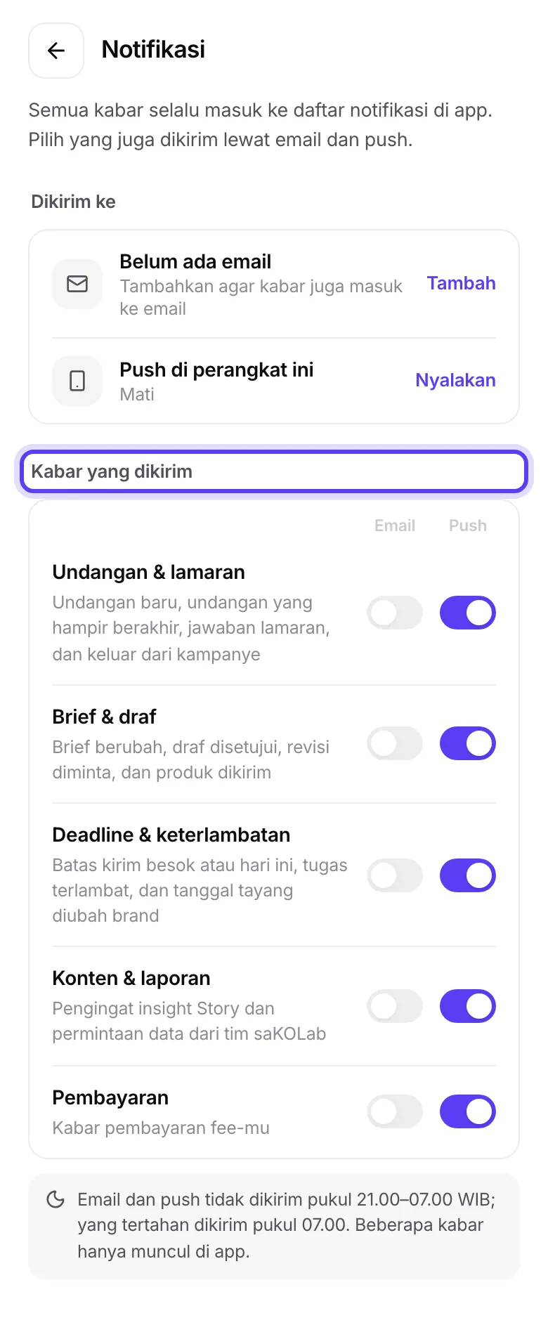 Layar Notifikasi dengan kategori kabar