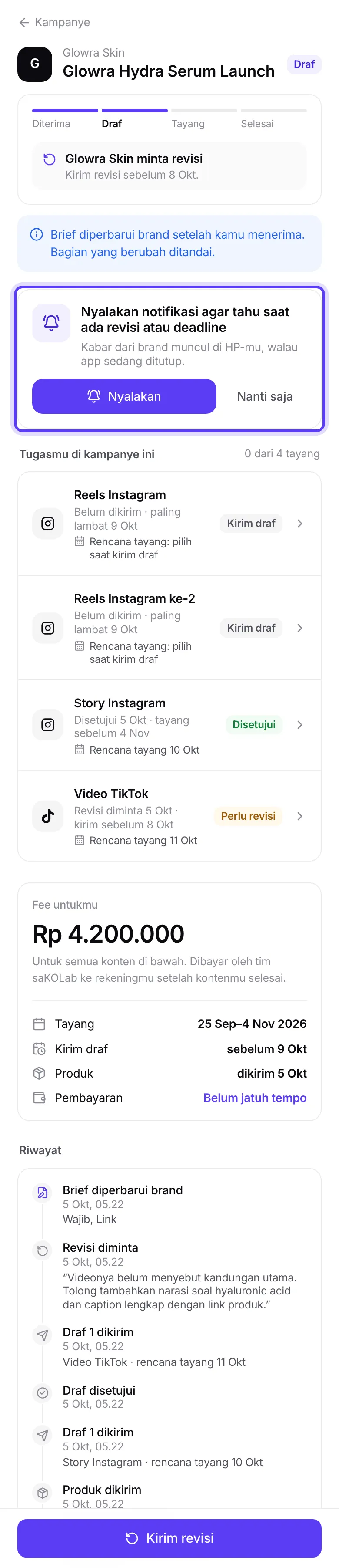 Kartu Nyalakan notifikasi di halaman kampanye