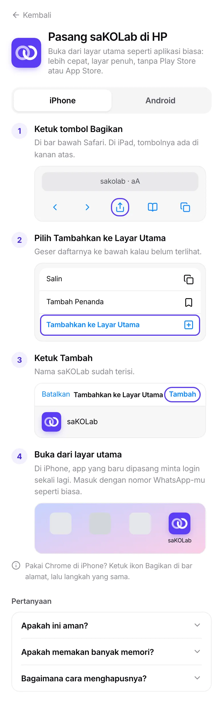 Halaman Pasang saKOLab di HP, tab iPhone