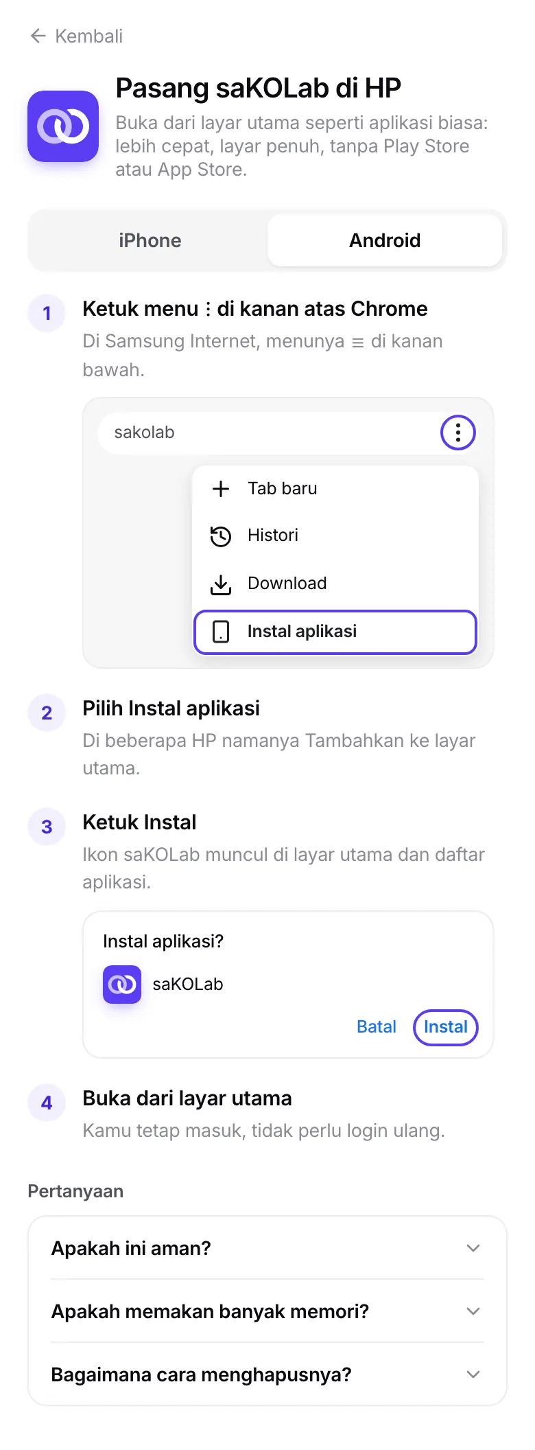 Halaman Pasang saKOLab di HP, tab Android