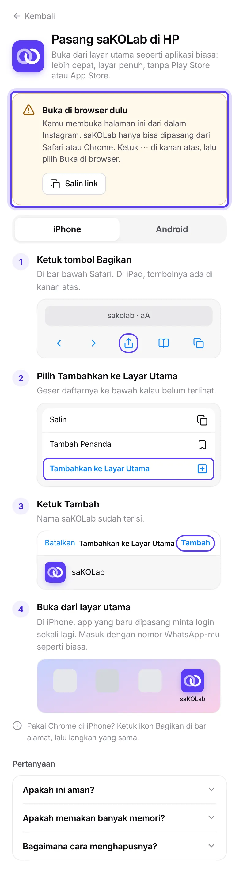 Peringatan Buka di browser dulu