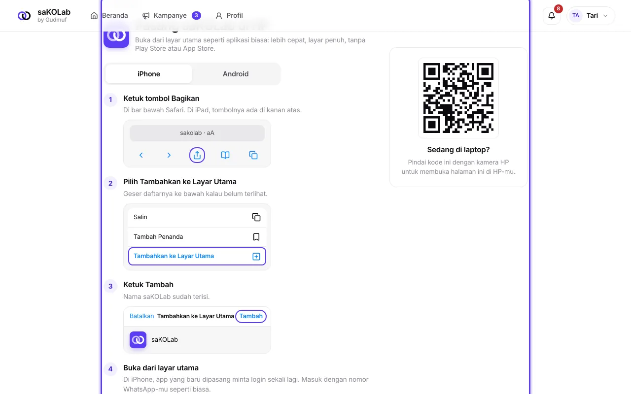 Halaman pasang di laptop dengan kode QR