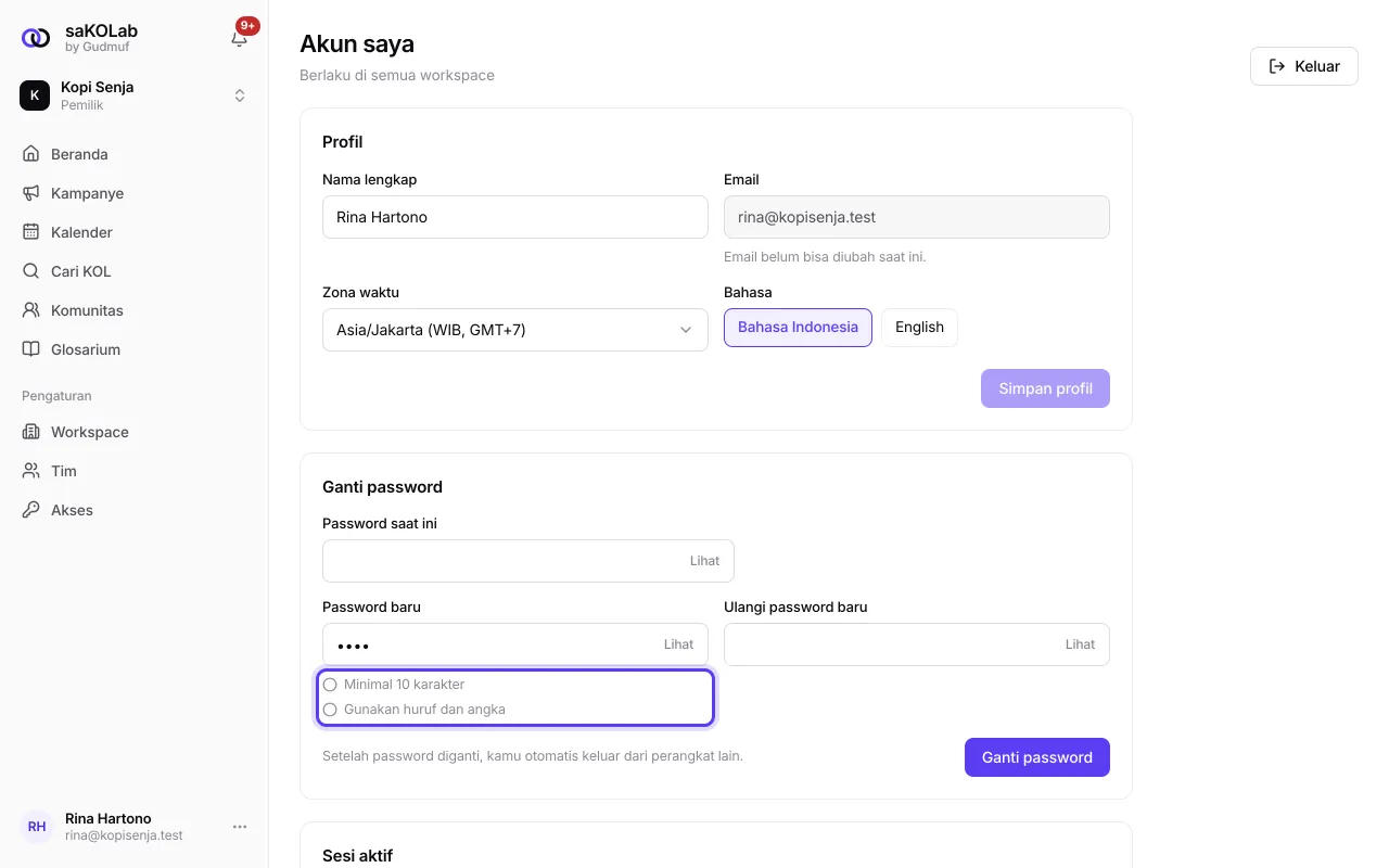 Kartu Ganti password di halaman Akun saya