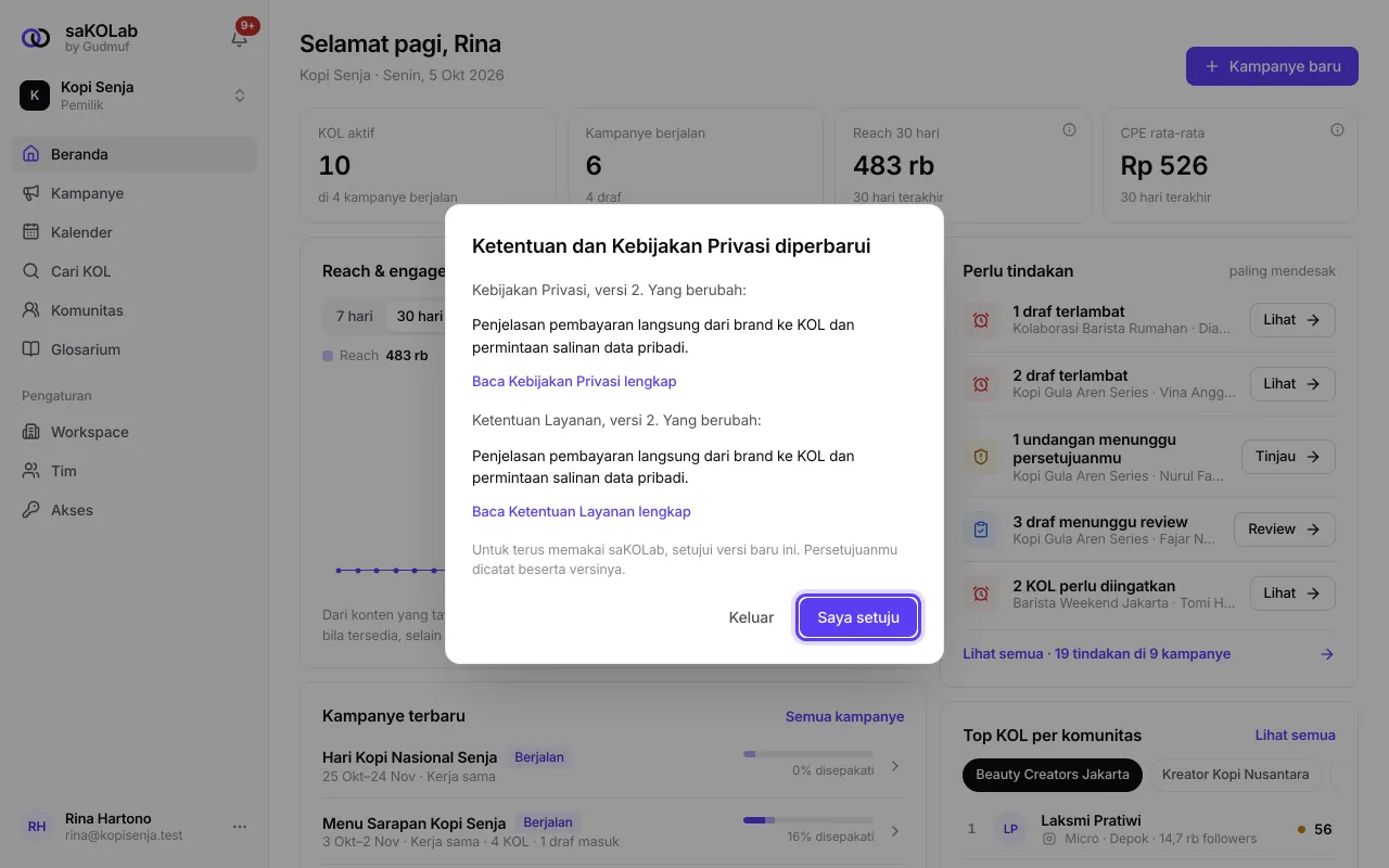 Lembar Ketentuan dan Kebijakan Privasi diperbarui di aplikasi brand