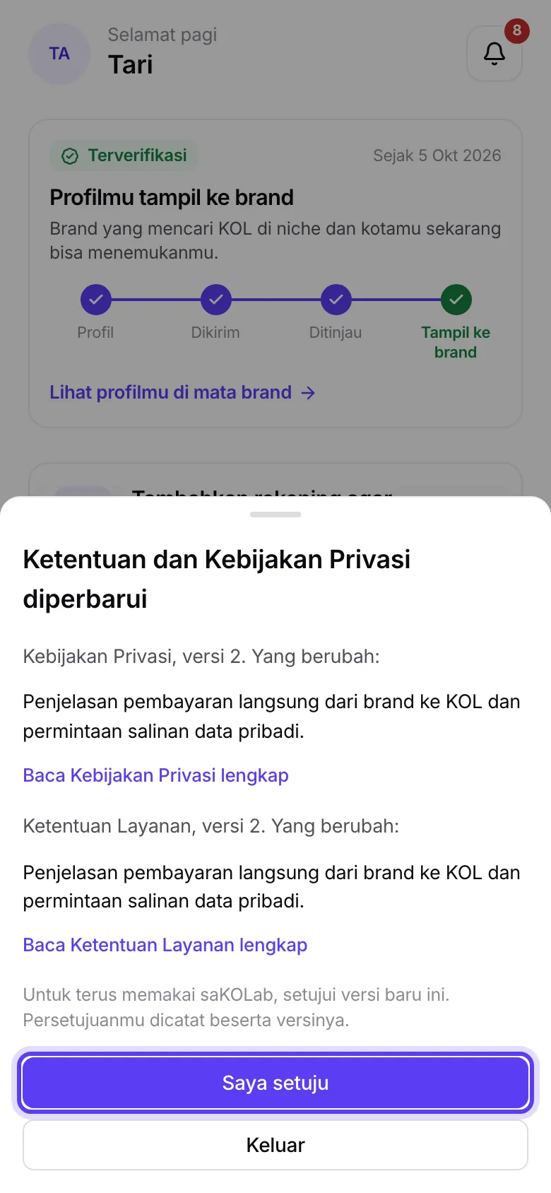 Lembar persetujuan di aplikasi KOL di HP
