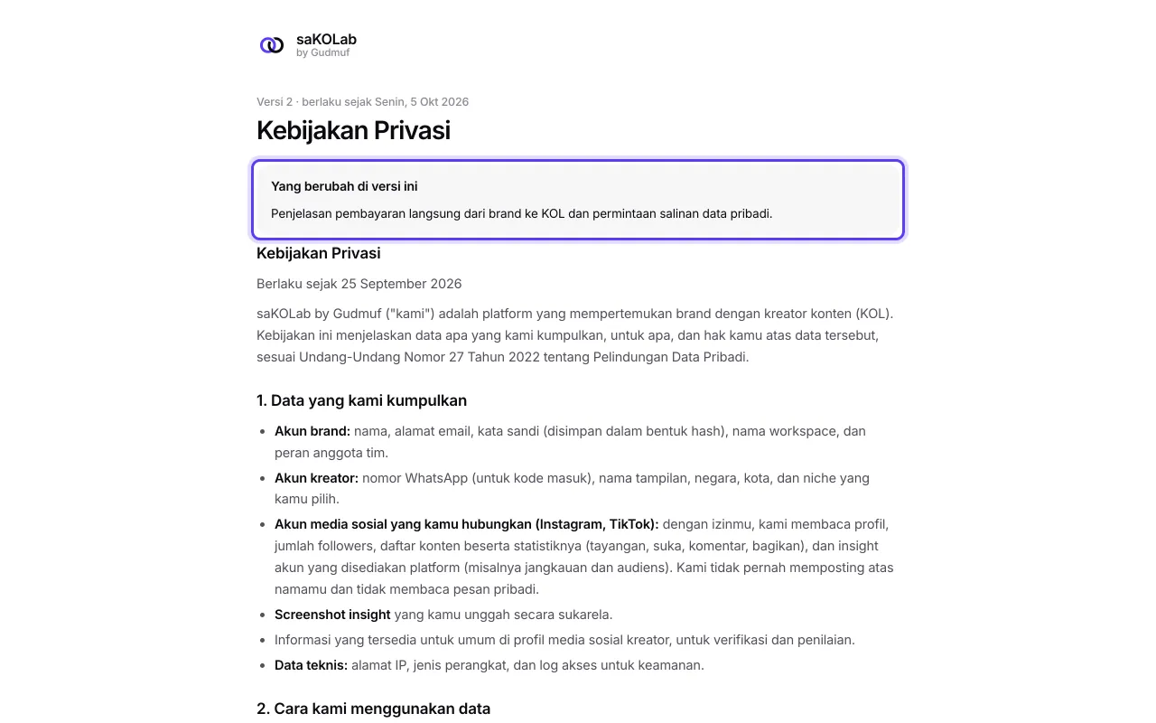 Halaman dokumen legal dengan Yang berubah di versi ini