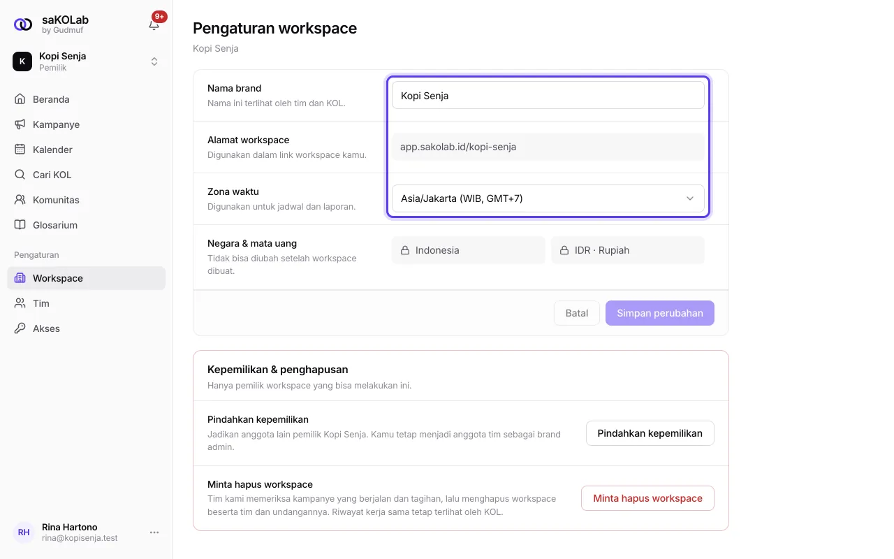 Halaman Pengaturan workspace