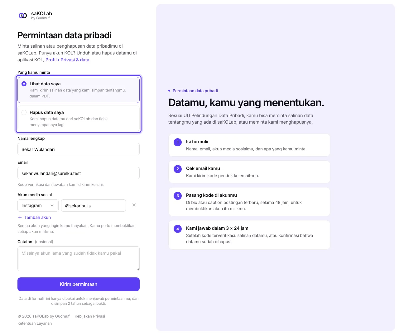 Formulir permintaan data pribadi