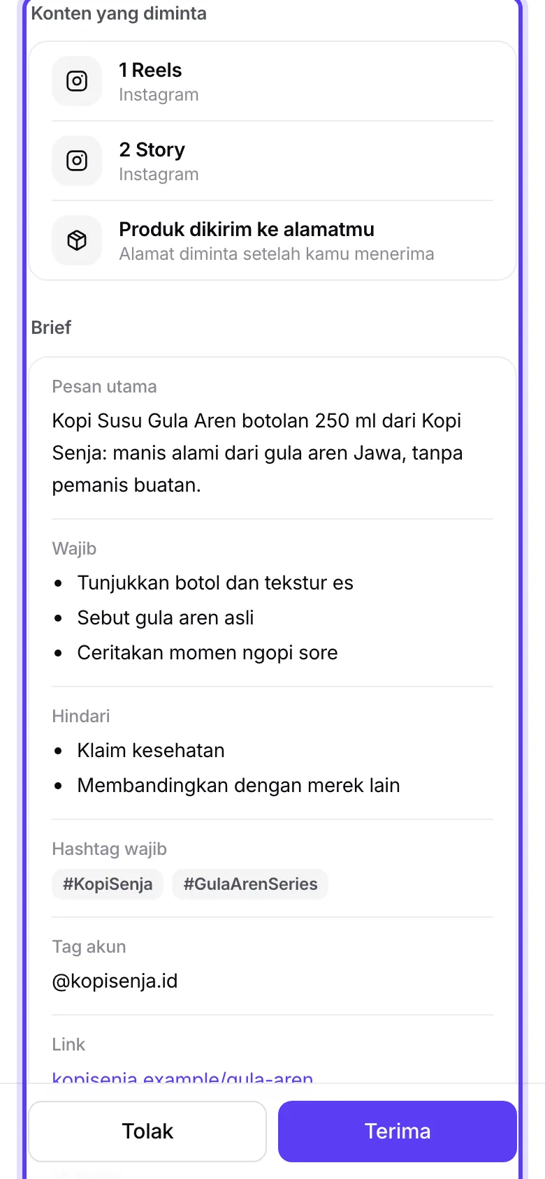 Undangan di app KOL, bagian Konten yang diminta