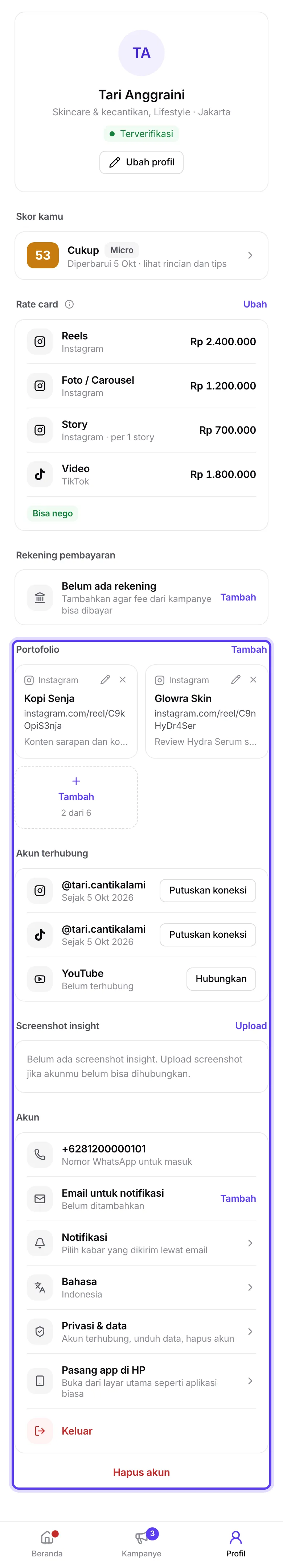 Blok Portofolio di halaman Profil