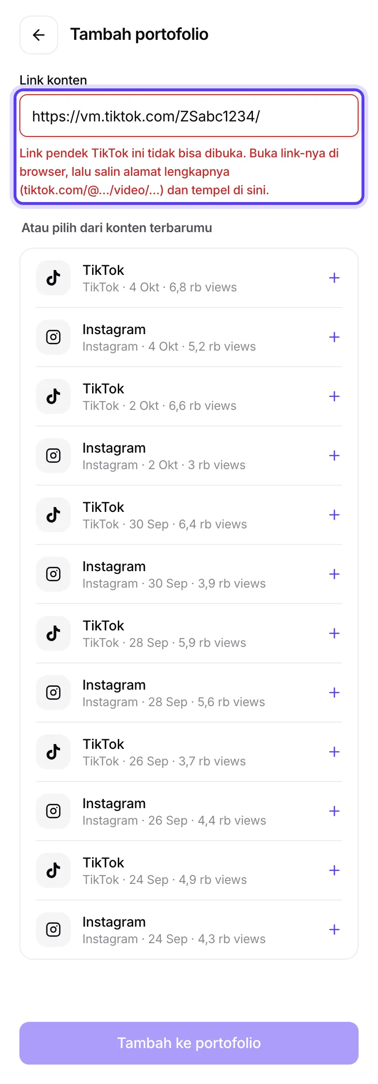 Pesan error untuk link pendek TikTok