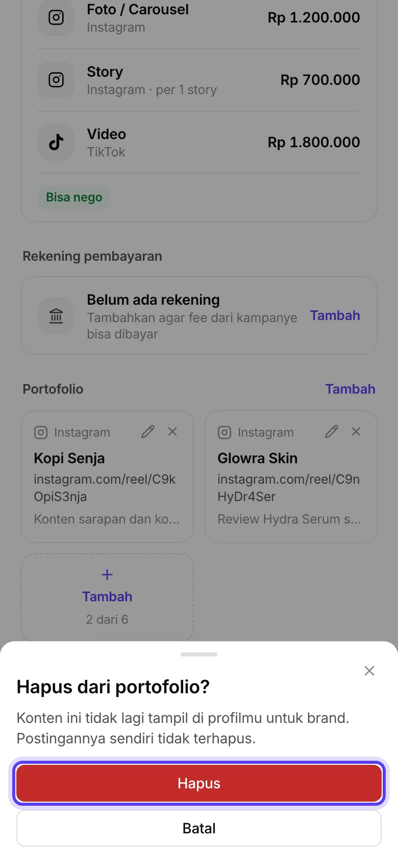 Dialog Hapus dari portofolio