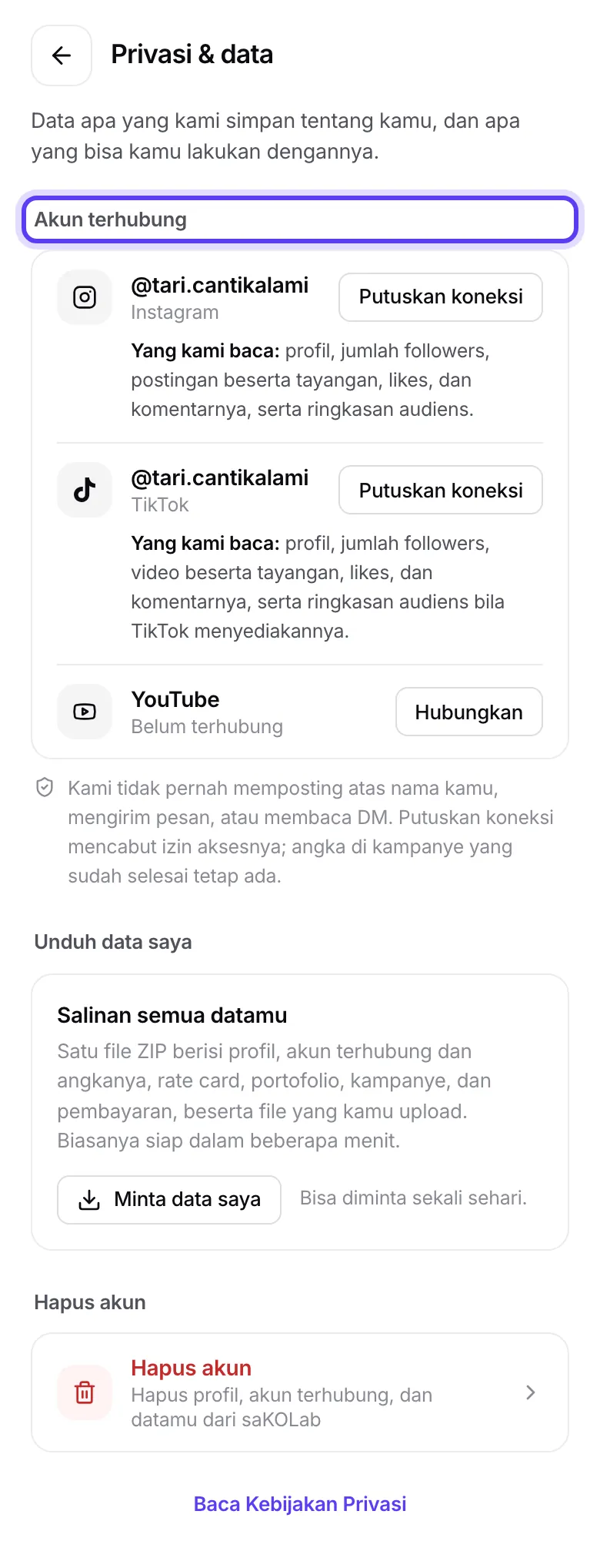 Halaman Privasi dan data