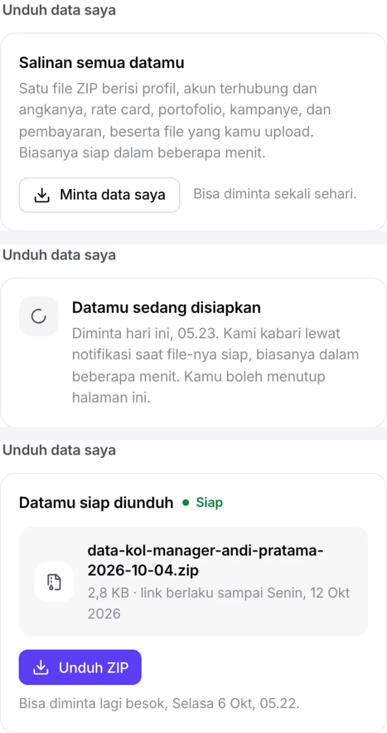 Unduh data saya dalam tiga keadaan: belum diminta, disiapkan, siap