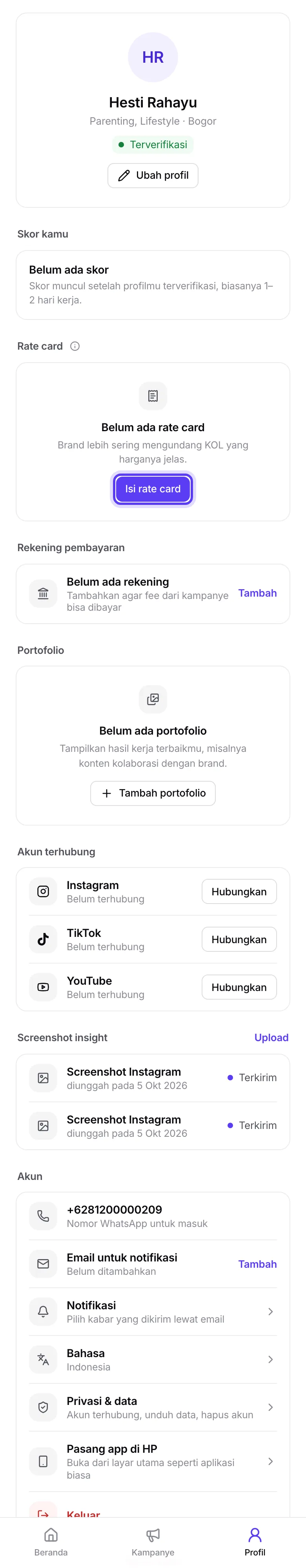 Halaman Profil dengan bagian Rate card yang masih kosong