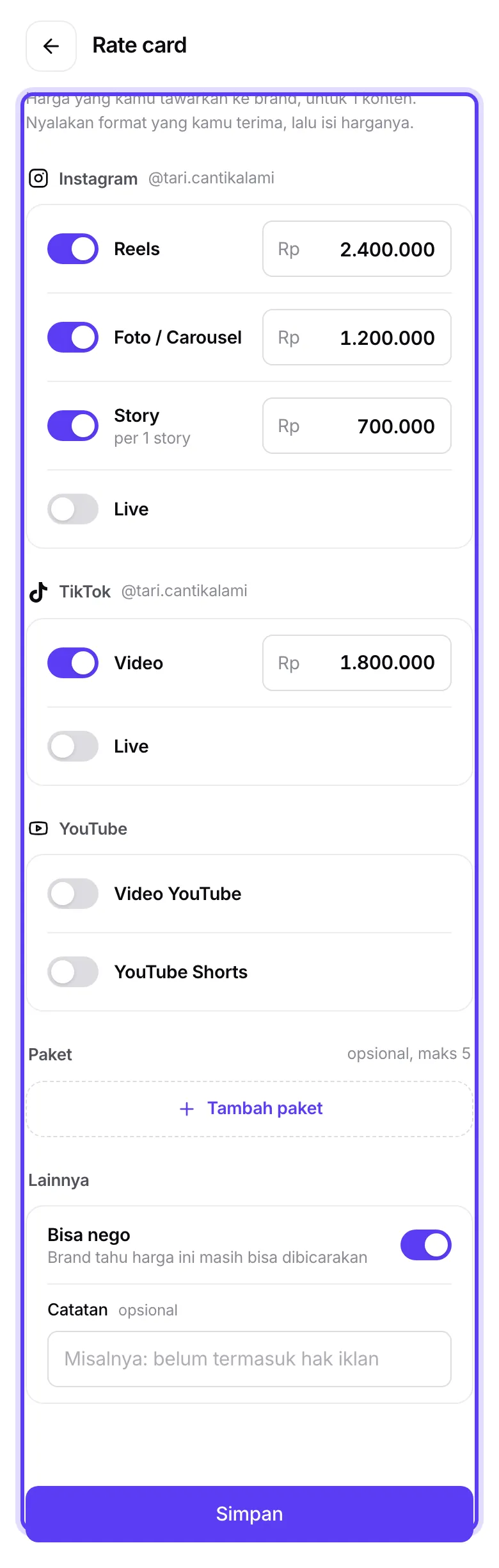 Layar Rate card terisi dengan harga per format
