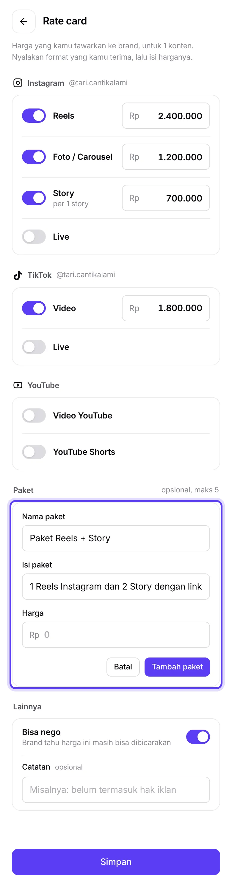 Formulir paket yang sedang diisi