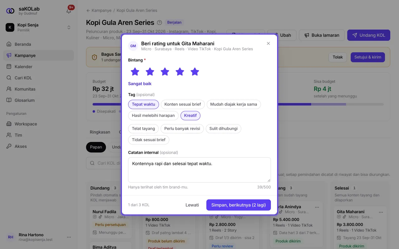 Dialog Beri rating dengan bintang, tag, dan catatan