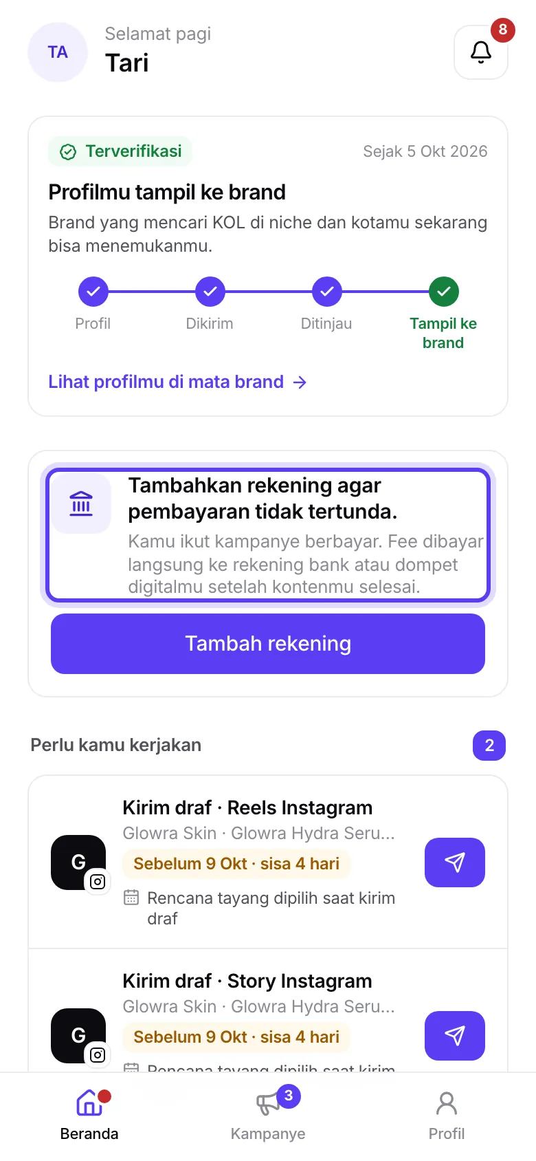 Kartu Tambahkan rekening di Beranda