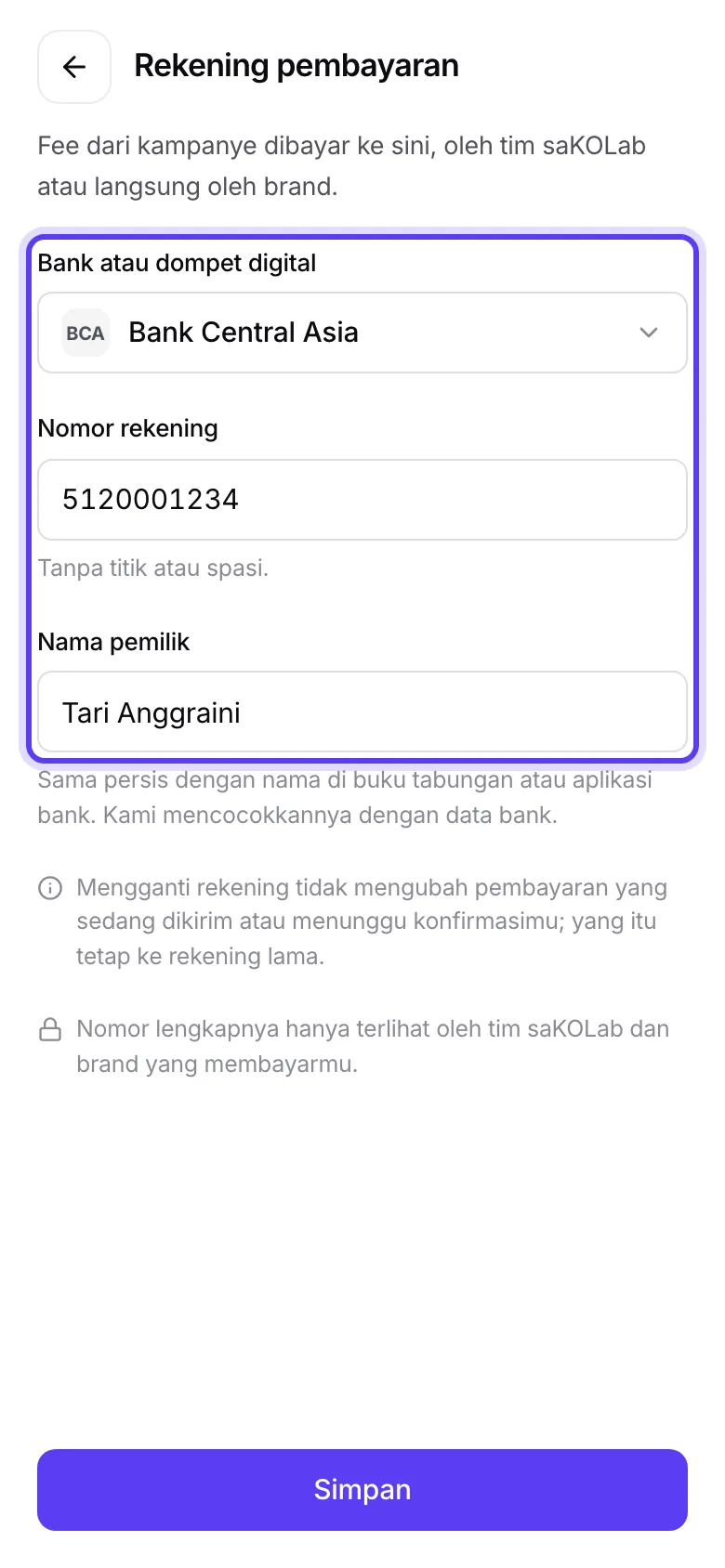 Layar Rekening pembayaran di HP