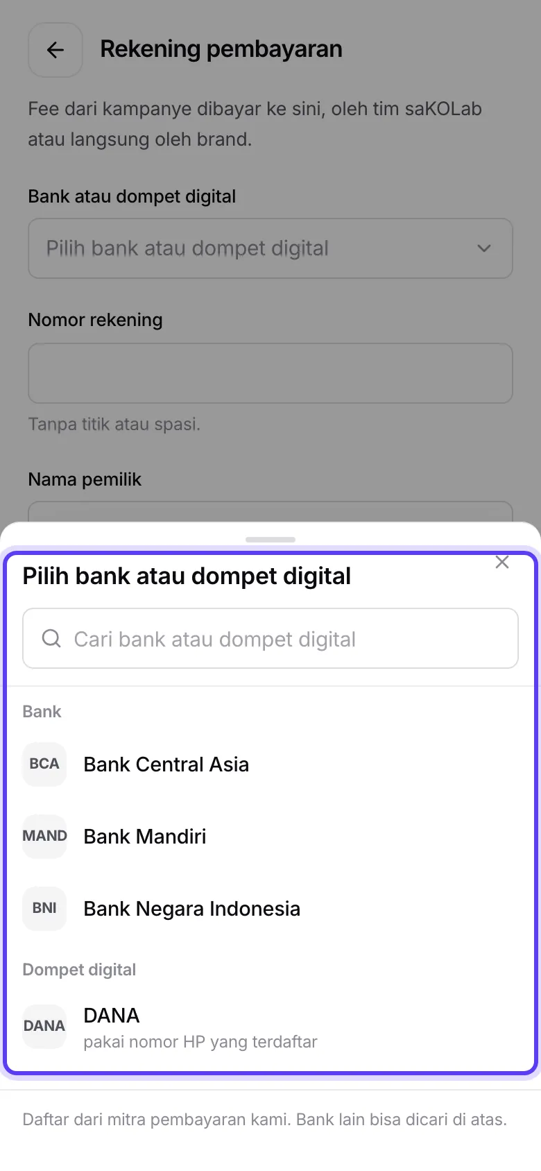 Pemilih bank dan dompet digital
