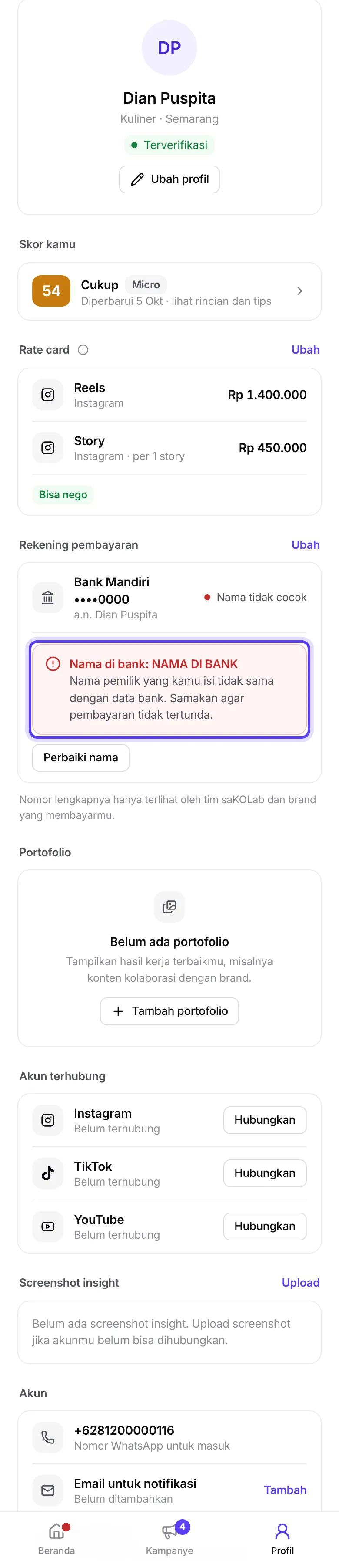 Status Nama tidak cocok di layar Rekening pembayaran