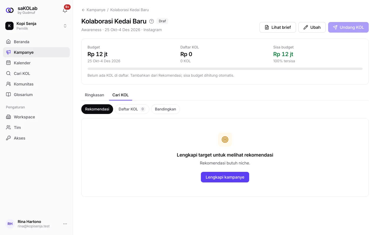 Keadaan Lengkapi target untuk melihat rekomendasi
