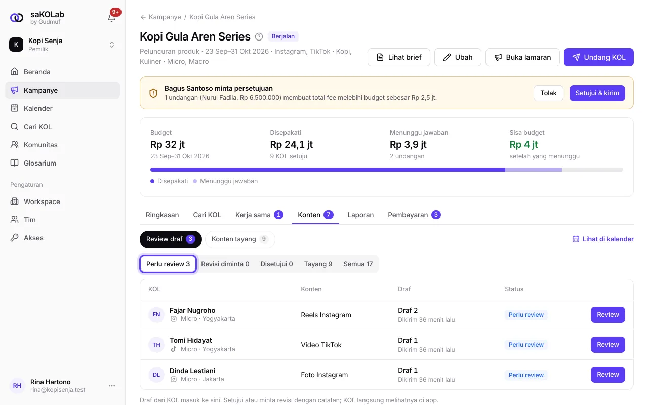 Tab Review draf dengan filter Perlu review