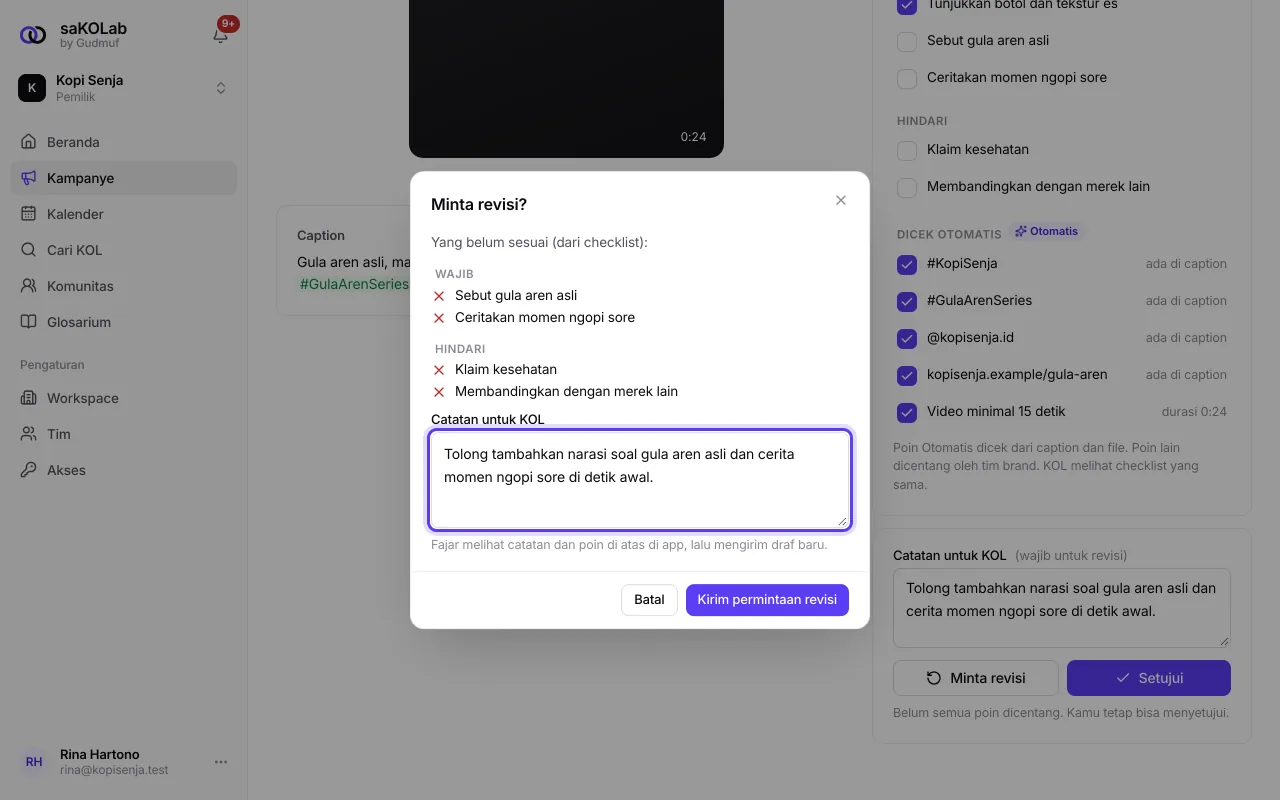 Dialog Minta revisi dengan catatan untuk KOL