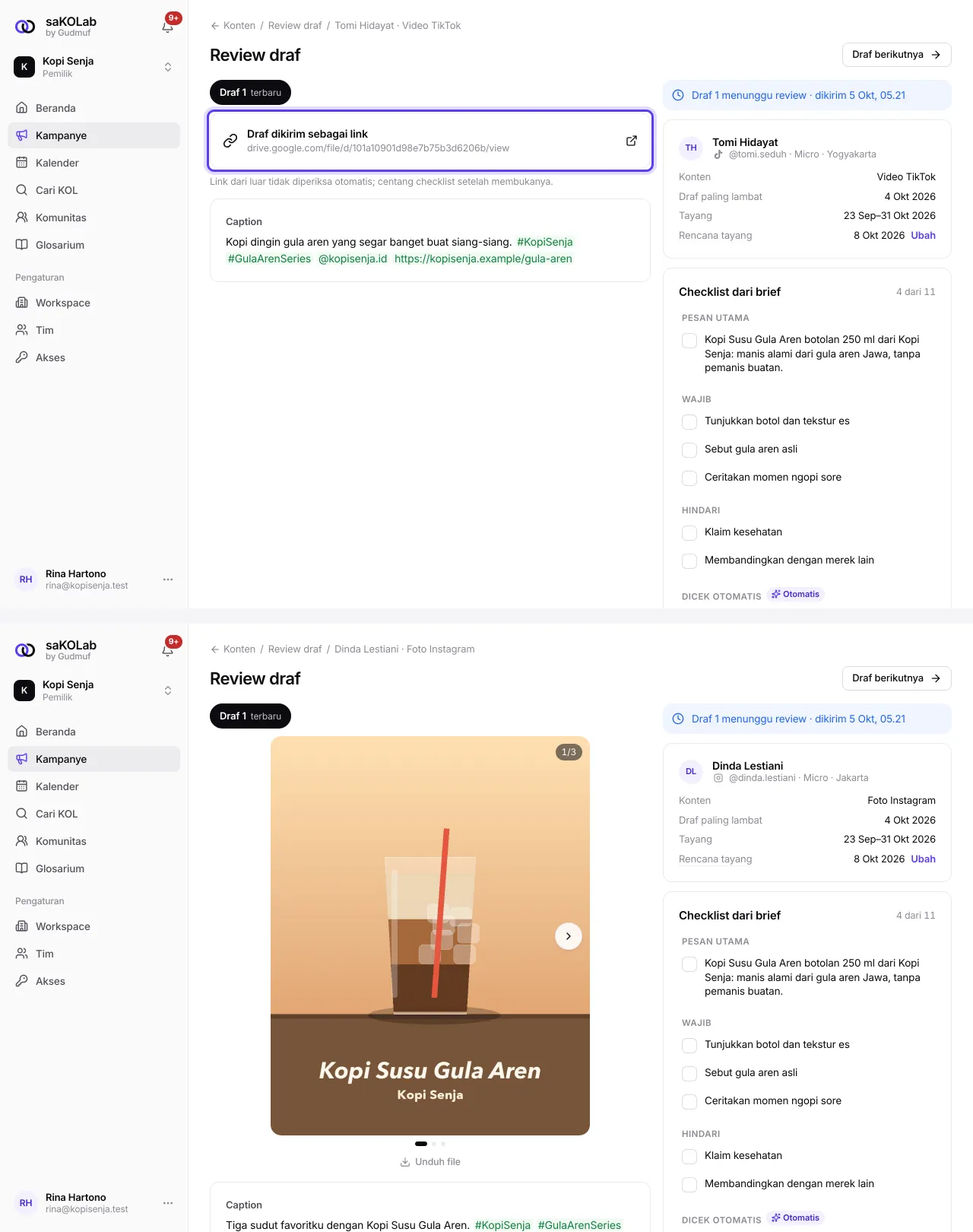 Draf yang dikirim sebagai link dan draf foto