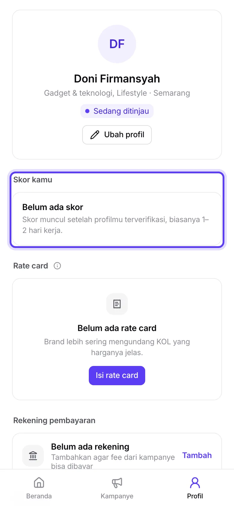 Keadaan Belum ada skor di halaman Profil