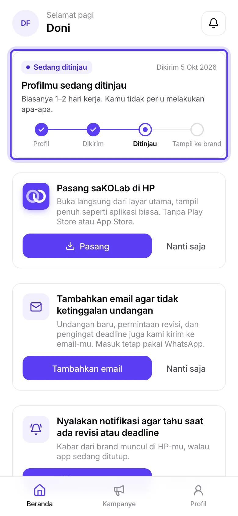 Kartu status di Beranda untuk profil yang sedang ditinjau