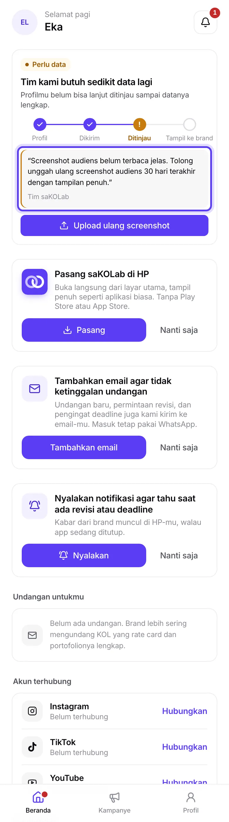 Kartu Perlu data tambahan dengan catatan dari tim